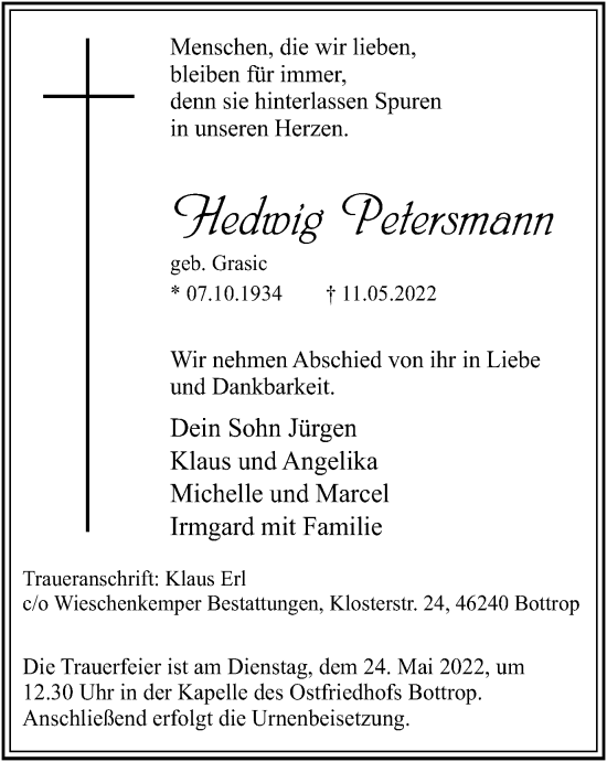 Traueranzeige von Hedwig Petersmann von WVW Anzeigenblätter