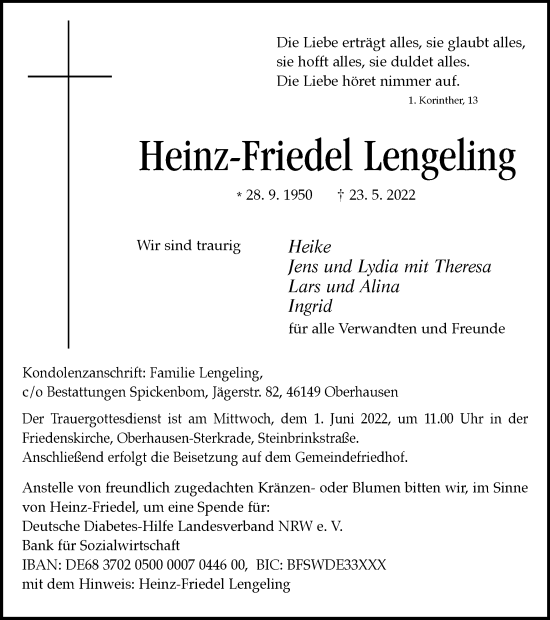 Traueranzeige von Heinz-Friedel Lengeling von WVW/ORA