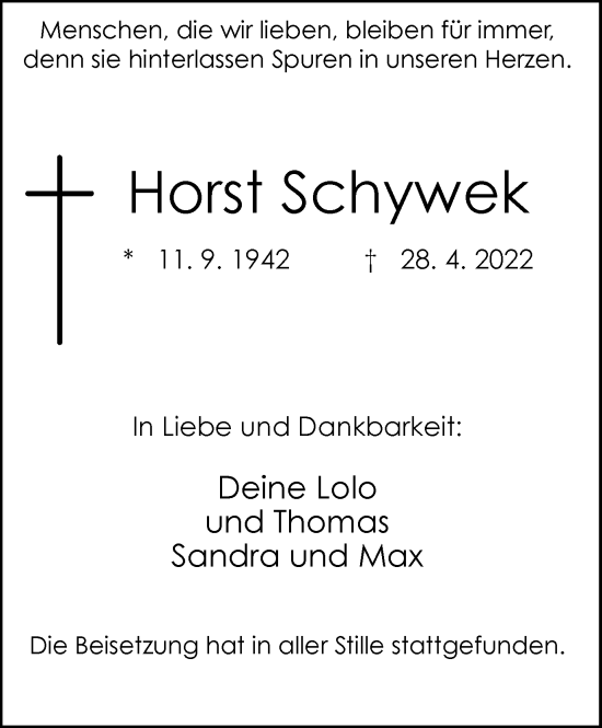 Traueranzeige von Horst Schywek von WVW Anzeigenblätter