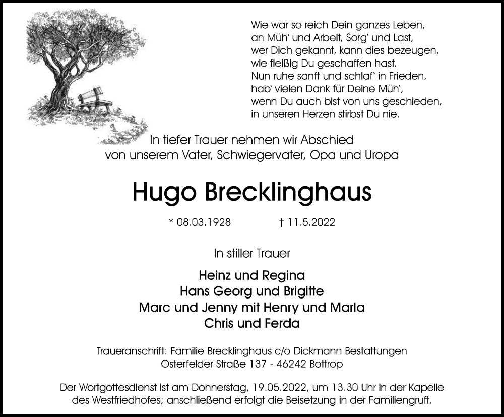  Traueranzeige für Hugo Brecklinghaus vom 14.05.2022 aus WVW/ORA