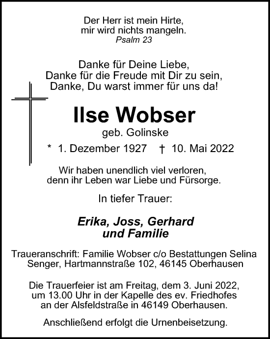 Traueranzeige von Ilse Wobser von WVW Anzeigenblätter