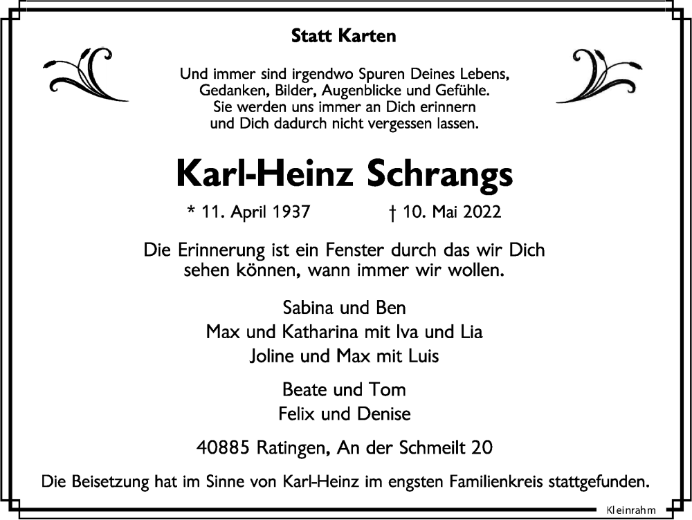  Traueranzeige für Karl-Heinz Schrangs vom 14.05.2022 aus WVW/ORA