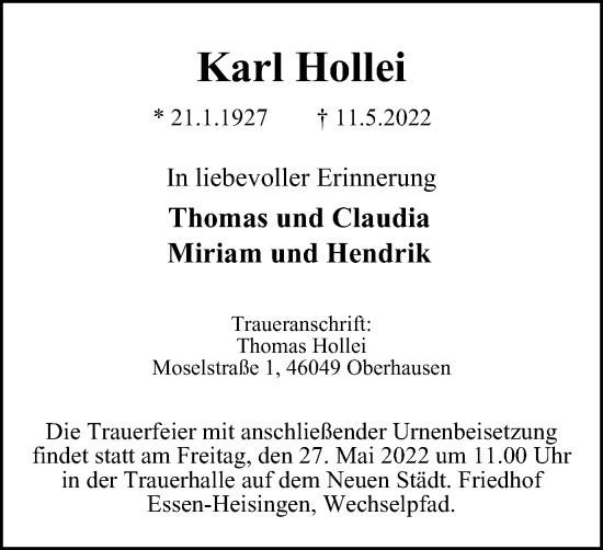 Traueranzeige von Karl Hollei von WVW Anzeigenblätter