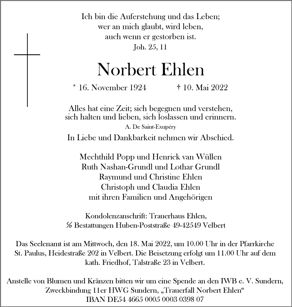  Traueranzeige für Norbert Ehlen vom 14.05.2022 aus WVW/ORA