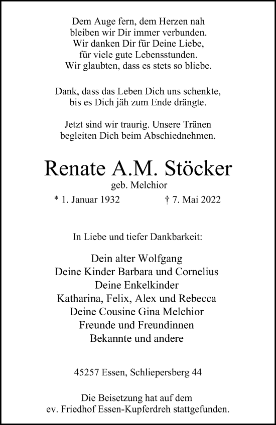 Traueranzeige von Renate  Stöcker von WVW Anzeigenblätter