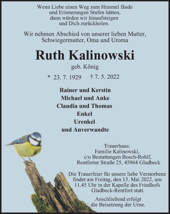Traueranzeige von Ruth Kalinowski von WVW Anzeigenblätter