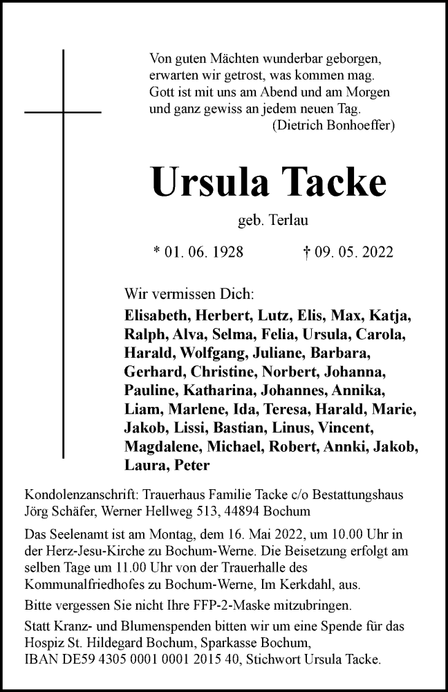  Traueranzeige für Ursula Tacke vom 14.05.2022 aus WVW/ORA