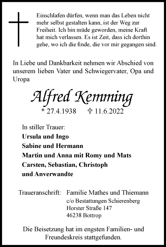  Traueranzeige für Alfred Kemming vom 18.06.2022 aus WVW/ORA
