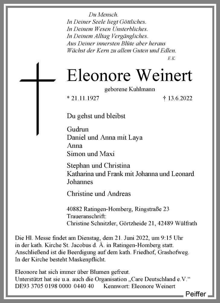  Traueranzeige für Eleonore Weinert vom 18.06.2022 aus WVW/ORA