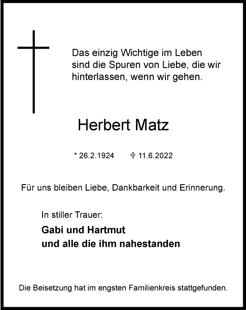 Traueranzeige für Herbert Matz vom 18.06.2022 aus WVW/ORA