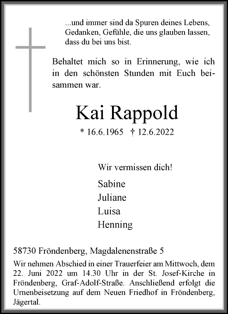  Traueranzeige für Kai Rappold vom 18.06.2022 aus WVW/ORA