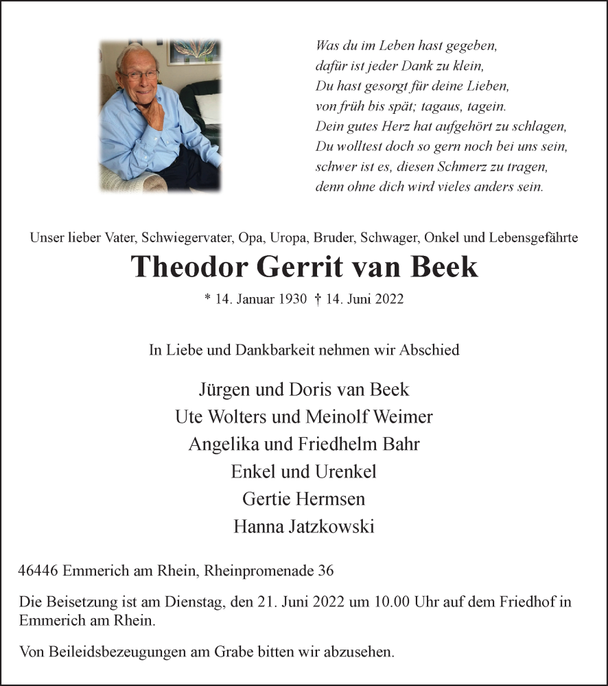  Traueranzeige für Theodor Gerrit van Beek vom 18.06.2022 aus WVW/ORA