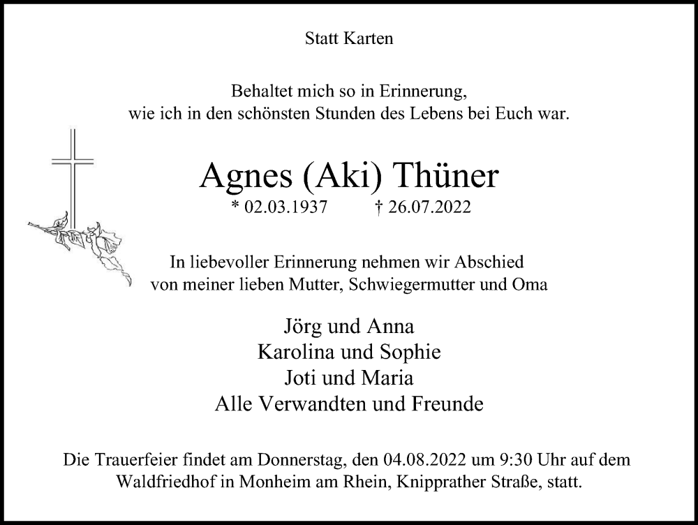  Traueranzeige für Agnes Thüner vom 30.07.2022 aus WVW/ORA