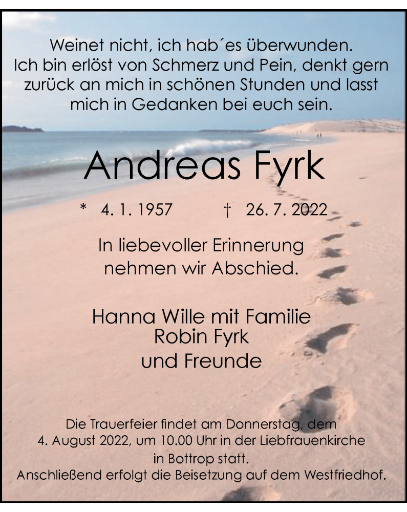 Traueranzeige für Andreas Fyrk vom 30.07.2022 aus WVW/ORA
