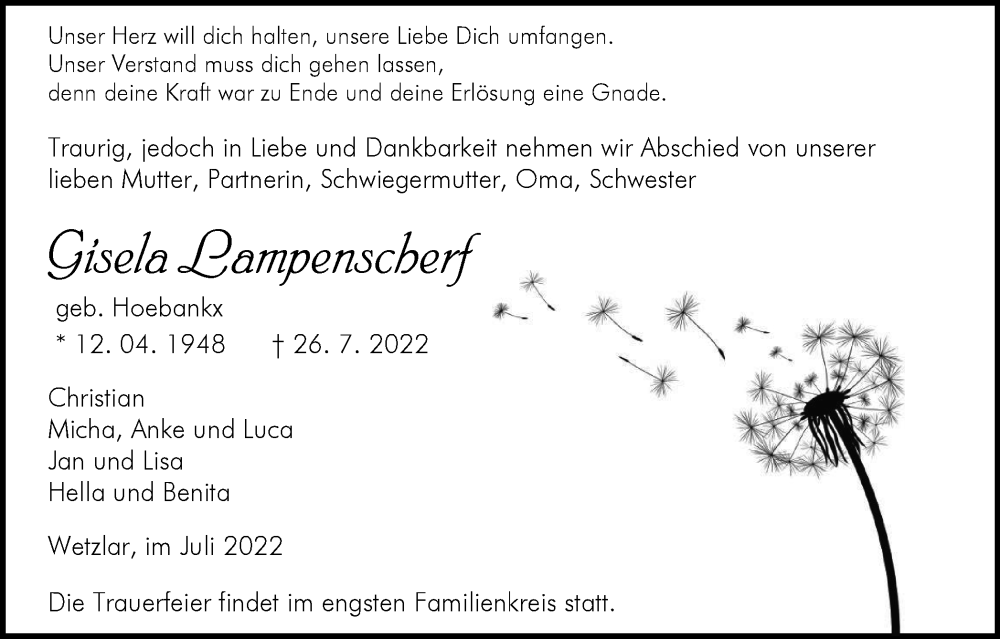  Traueranzeige für Gisela Lampenscherf vom 30.07.2022 aus WVW/ORA