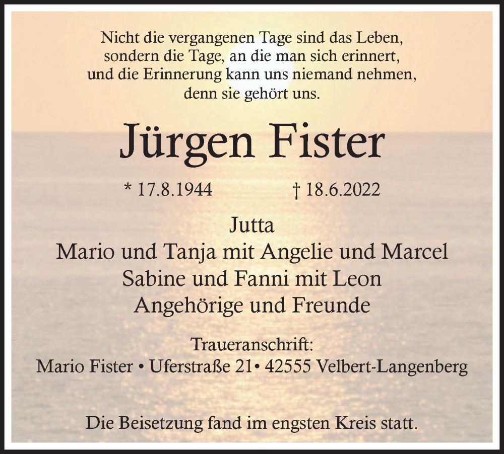 Traueranzeige für Jürgen Fister vom 02.07.2022 aus WVW/ORA