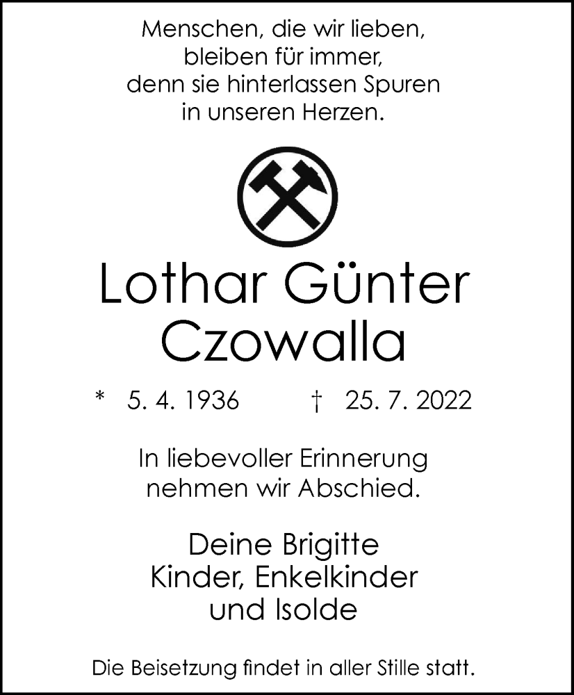  Traueranzeige für Lothar Günter Czowalla vom 30.07.2022 aus WVW/ORA