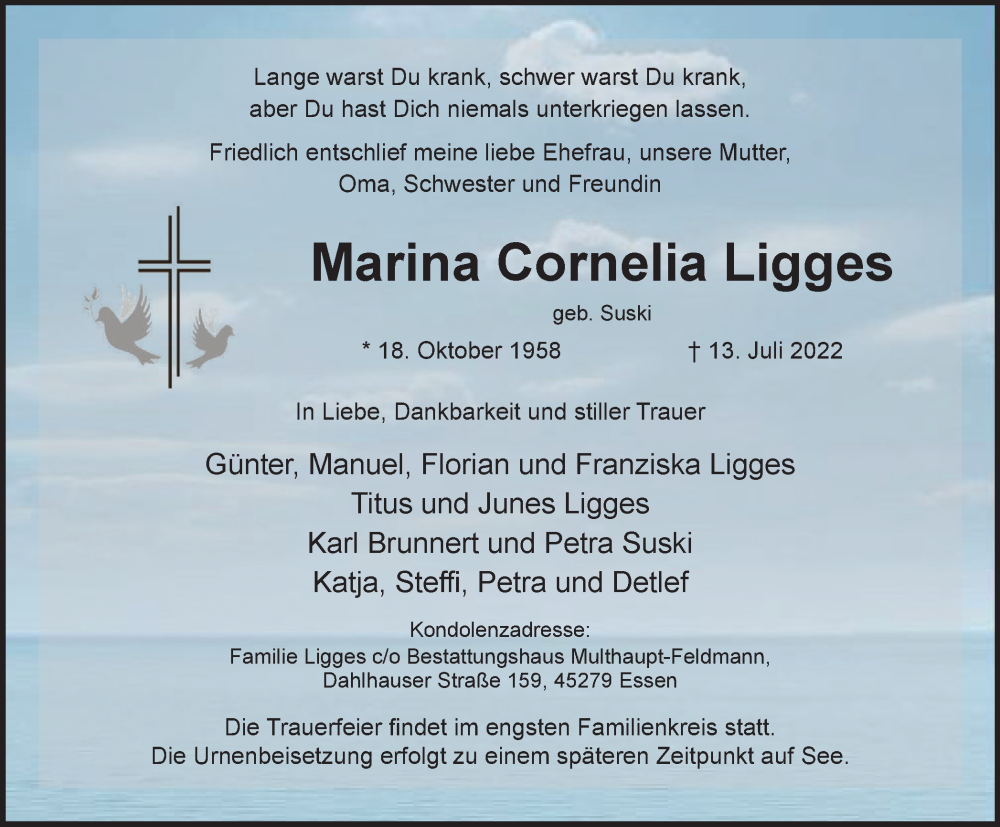  Traueranzeige für Marina Cornelia Ligges vom 23.07.2022 aus WVW/ORA