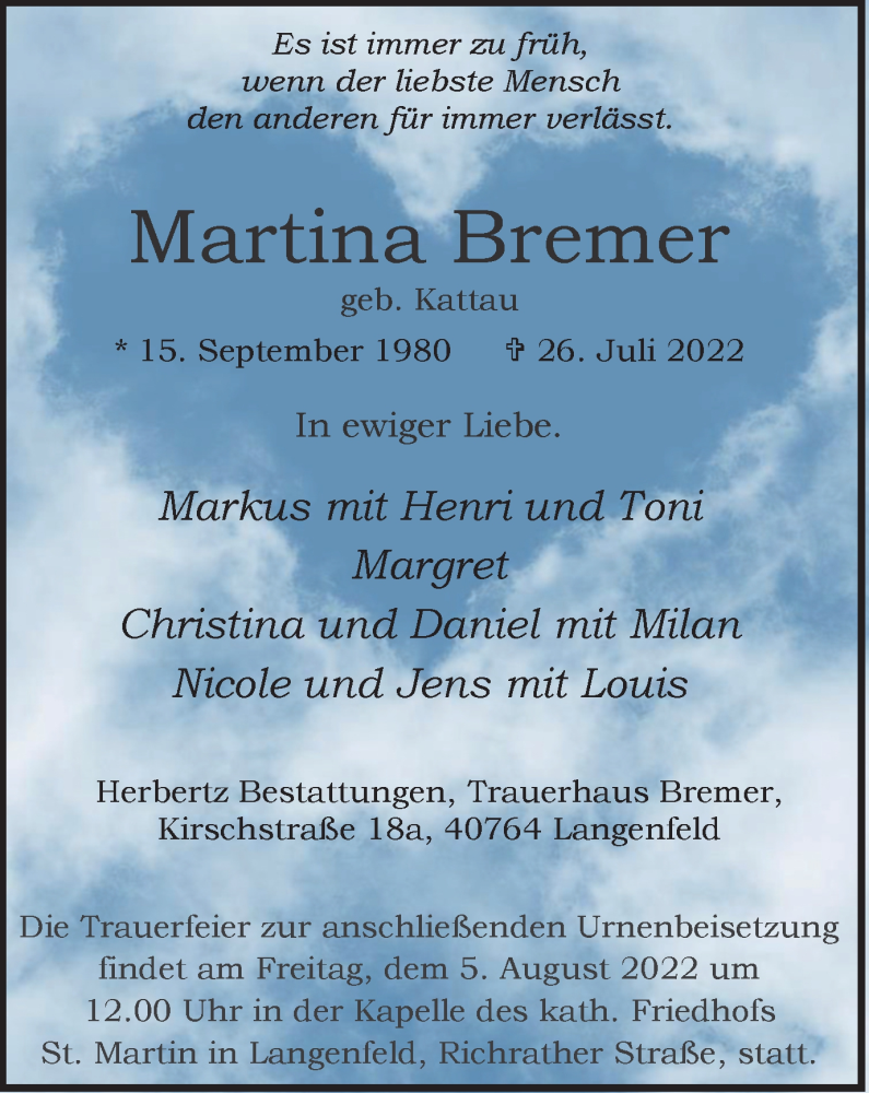 Traueranzeige für Martina Bremer vom 30.07.2022 aus WVW/ORA