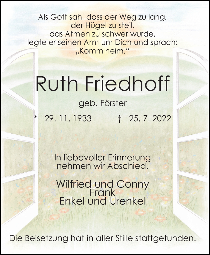  Traueranzeige für Ruth Friedhoff vom 30.07.2022 aus WVW/ORA
