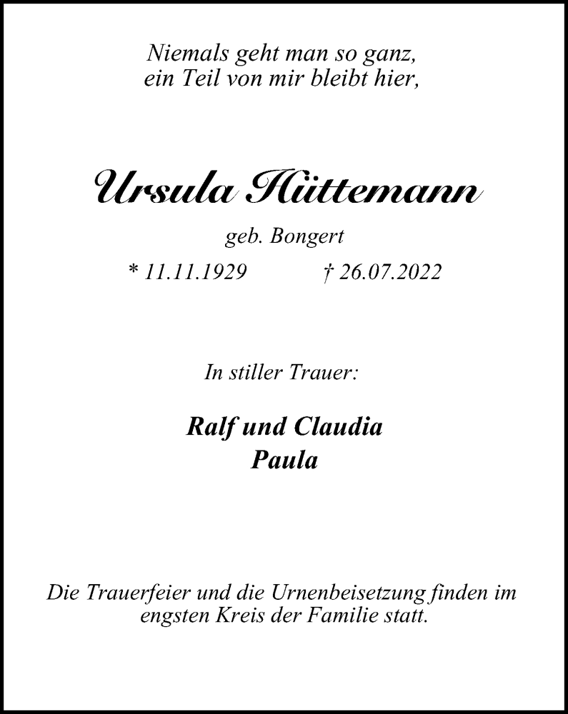  Traueranzeige für Ursula Hüttemann vom 30.07.2022 aus WVW/ORA