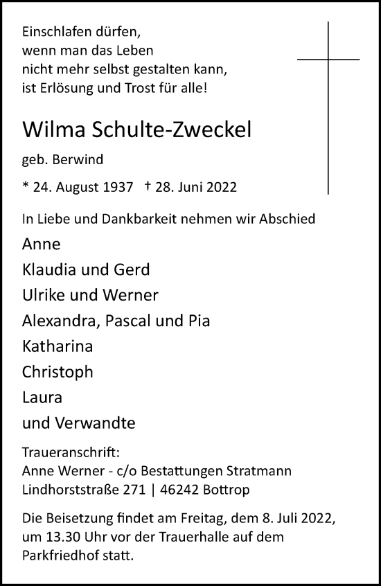 Traueranzeige von Wilma Schulte-Zweckel von WVW/ORA
