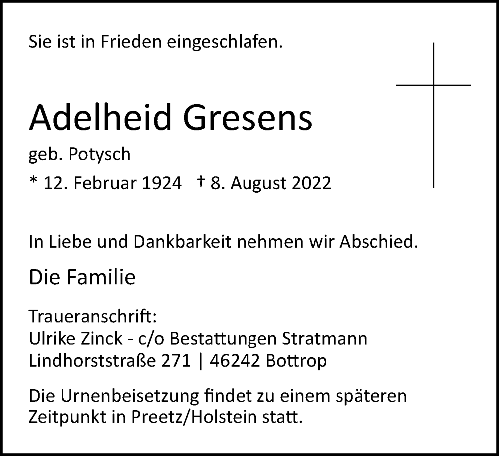  Traueranzeige für Adelheid Gresens vom 13.08.2022 aus WVW/ORA