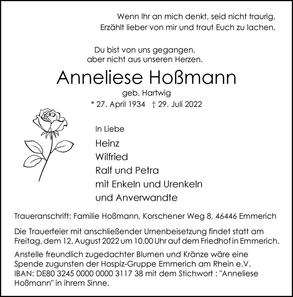  Traueranzeige für Anneliese Hoßmann vom 06.08.2022 aus WVW/ORA