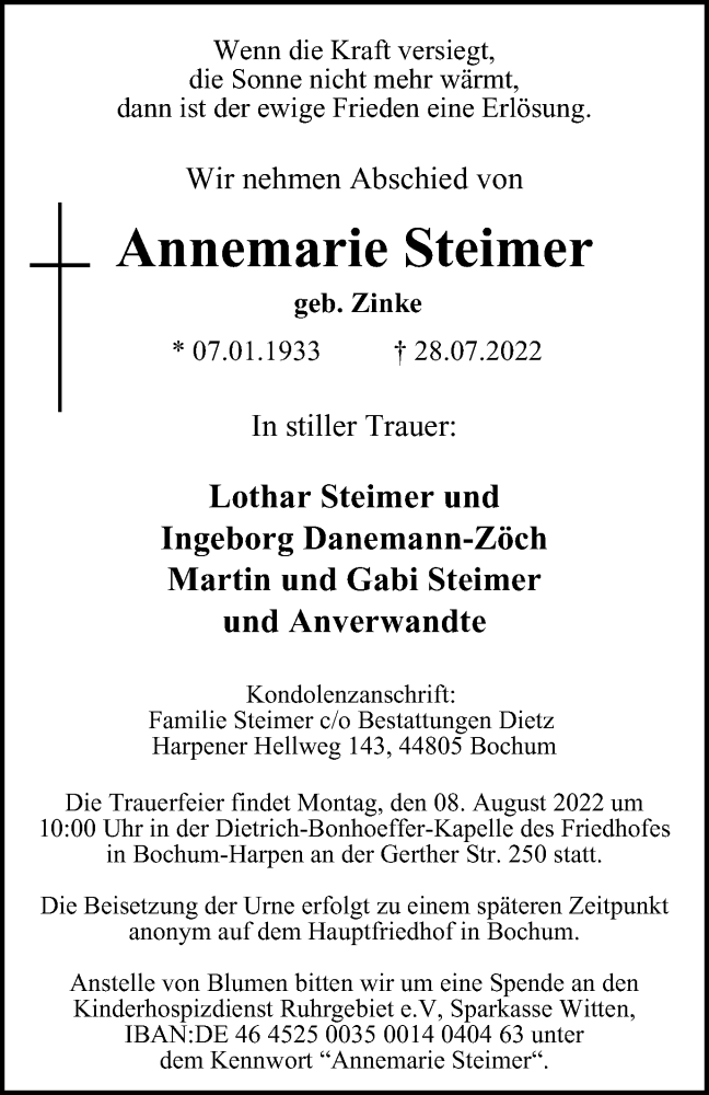  Traueranzeige für Annemarie Steimer vom 06.08.2022 aus WVW/ORA