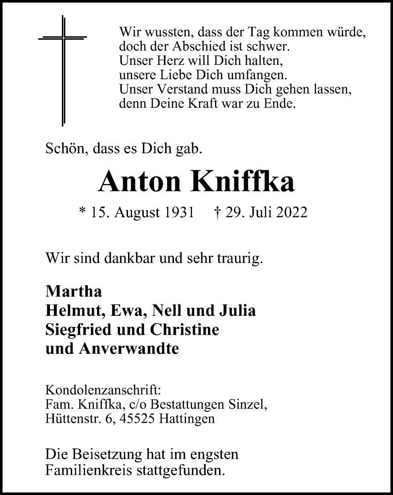  Traueranzeige für Anton Kniffka vom 06.08.2022 aus WVW/ORA