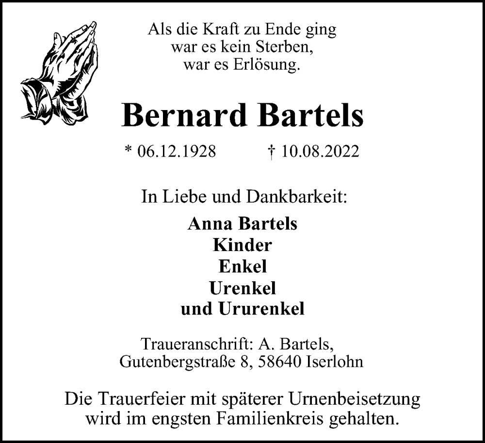 Traueranzeige für Bernard Bartels vom 13.08.2022 aus WVW/ORA