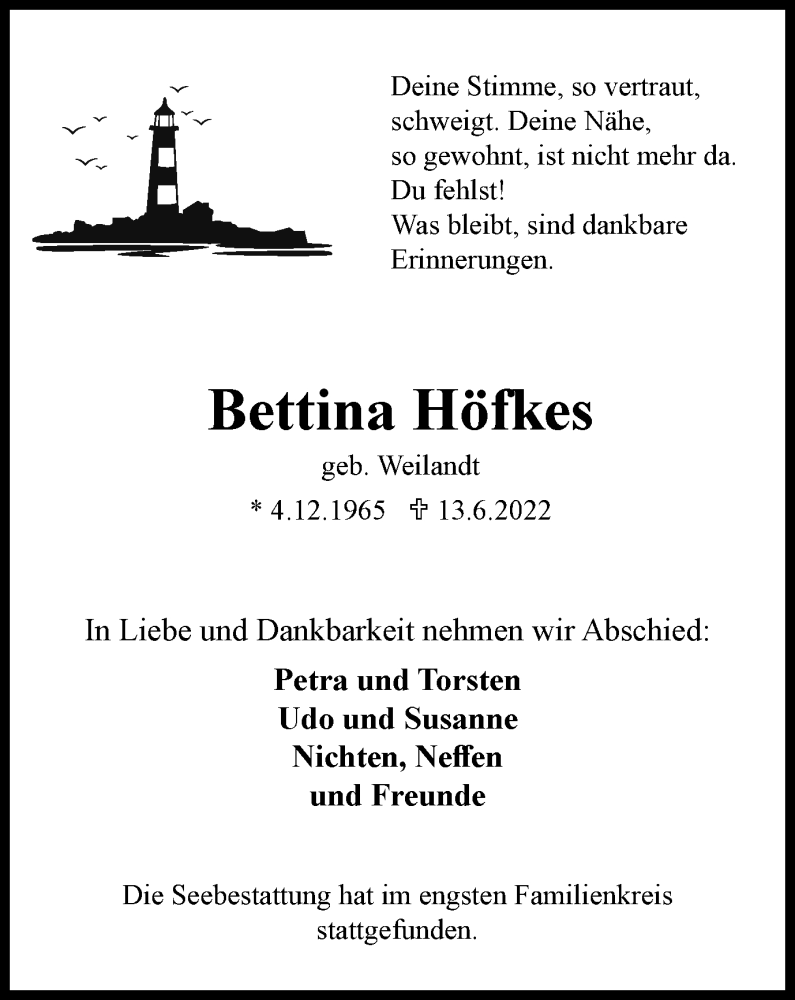  Traueranzeige für Bettina Höfkes vom 13.08.2022 aus WVW/ORA