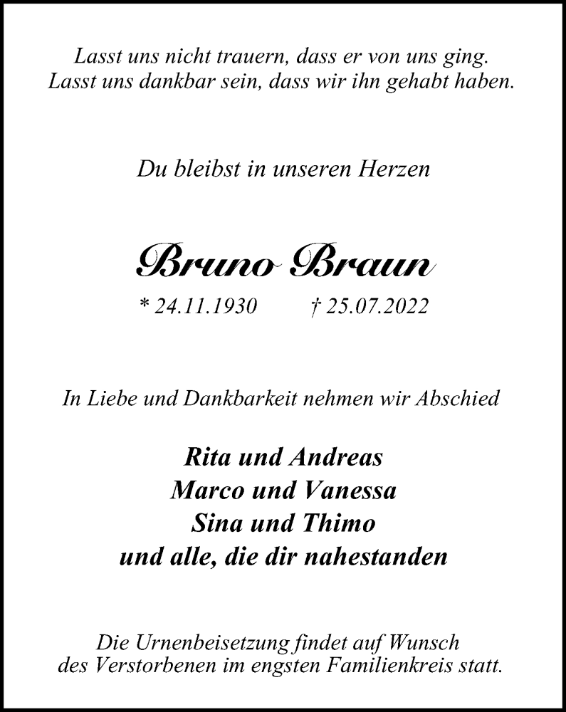  Traueranzeige für Bruno Braun vom 06.08.2022 aus WVW/ORA