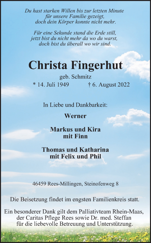 Traueranzeige für Christa Fingerhut vom 13.08.2022 aus WVW/ORA