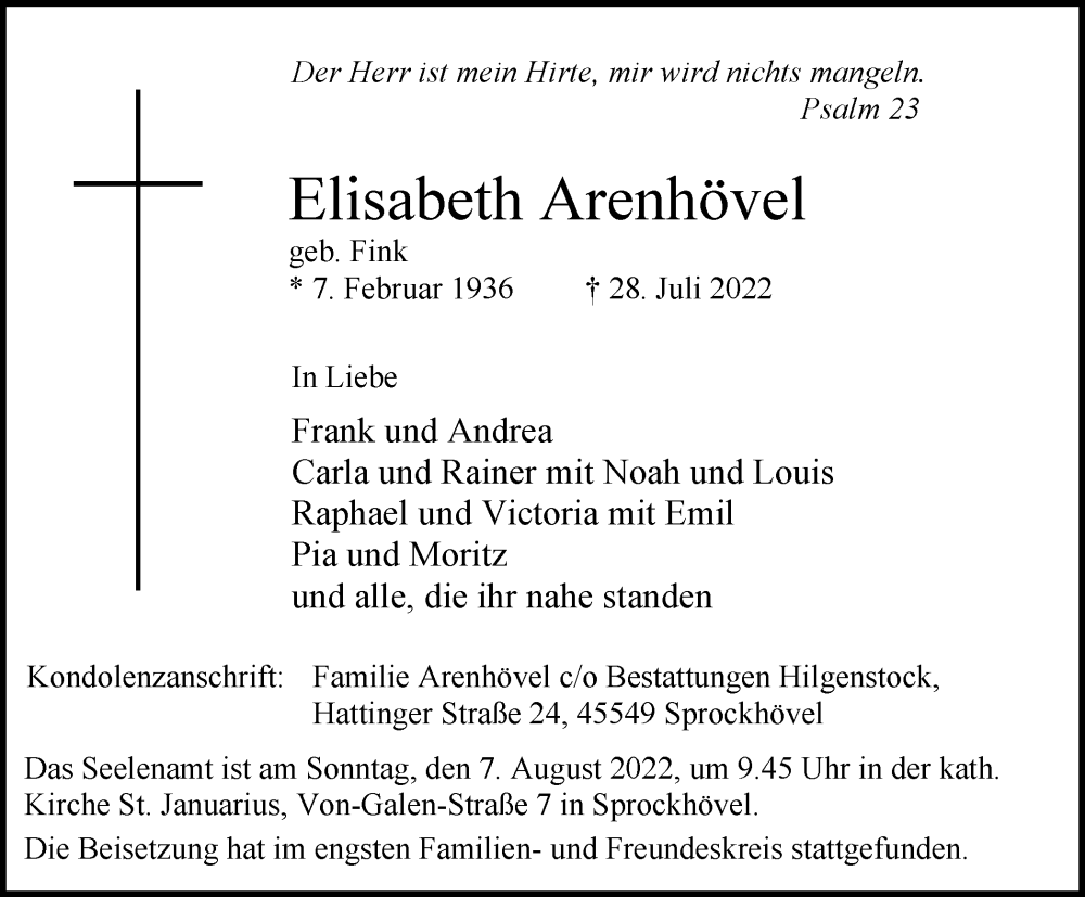  Traueranzeige für Elisabeth Arenhövel vom 06.08.2022 aus WVW/ORA
