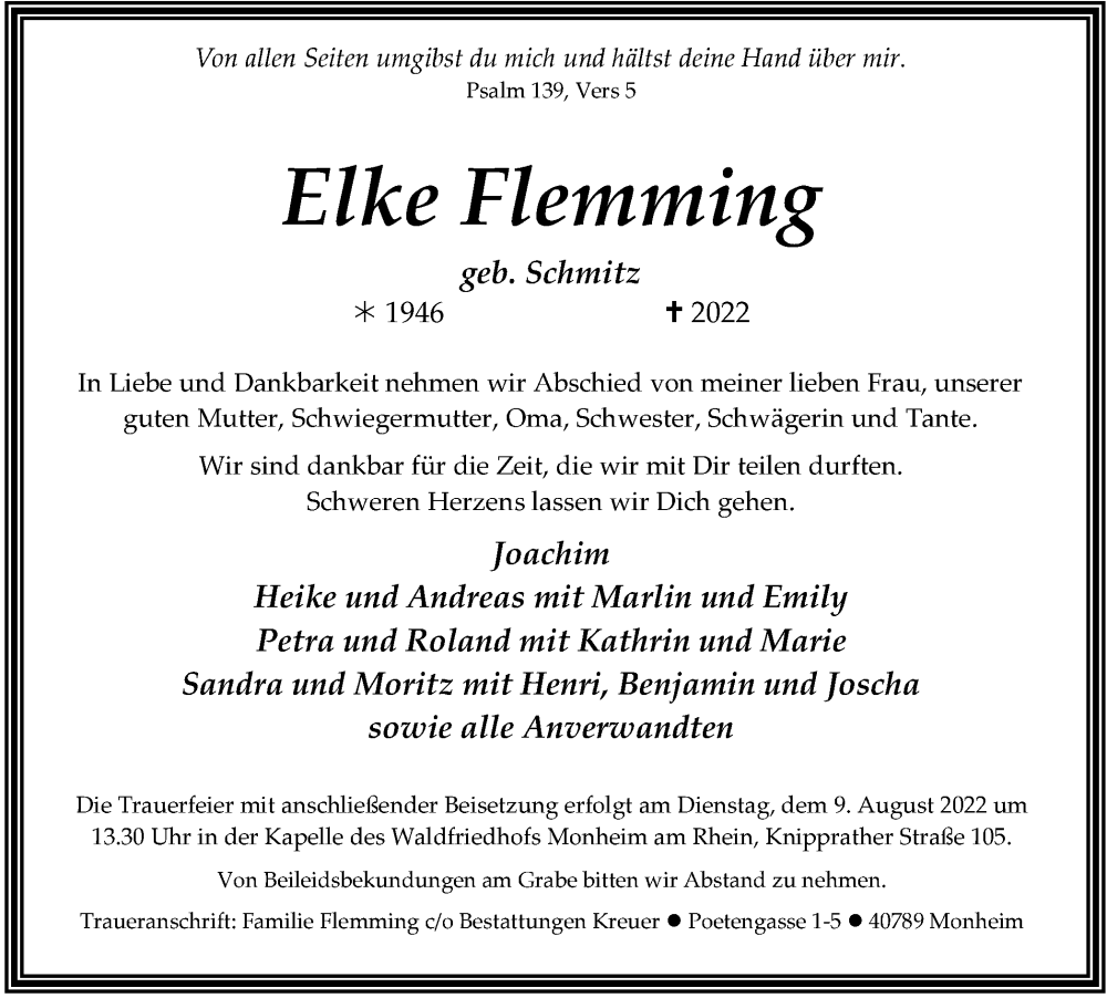  Traueranzeige für Elke Flemming vom 06.08.2022 aus WVW/ORA
