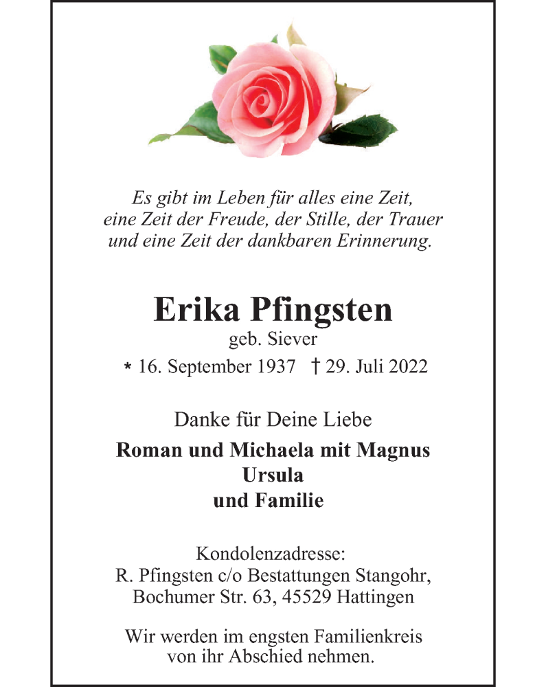  Traueranzeige für Erika Pfingsten vom 06.08.2022 aus WVW/ORA