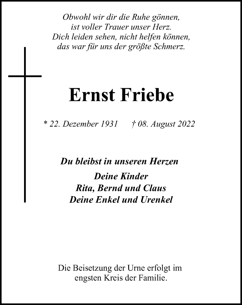  Traueranzeige für Ernst Friebe vom 13.08.2022 aus WVW/ORA