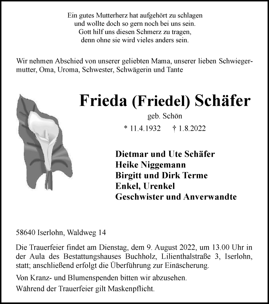 Traueranzeige für Frieda Schäfer vom 06.08.2022 aus WVW/ORA