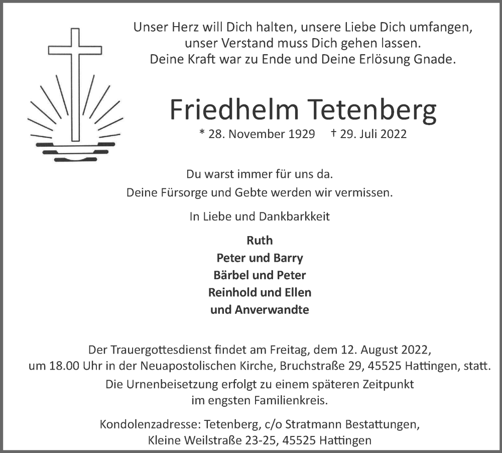  Traueranzeige für Friedhelm Tetenberg vom 06.08.2022 aus WVW/ORA