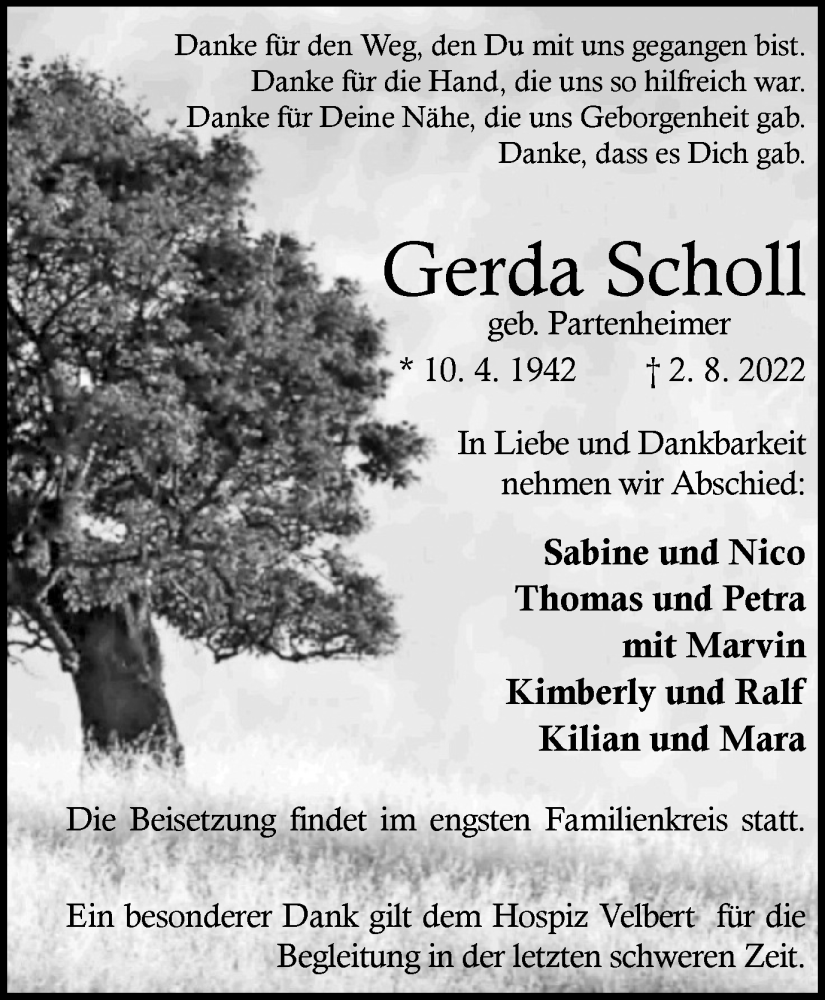  Traueranzeige für Gerda Scholl vom 06.08.2022 aus WVW/ORA
