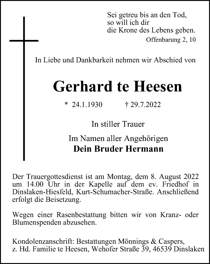  Traueranzeige für Gerhard te Heesen vom 06.08.2022 aus WVW/ORA