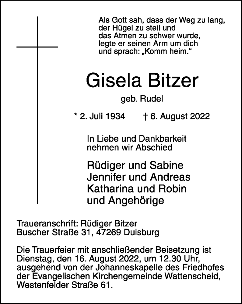  Traueranzeige für Gisela Bitzer vom 13.08.2022 aus WVW/ORA