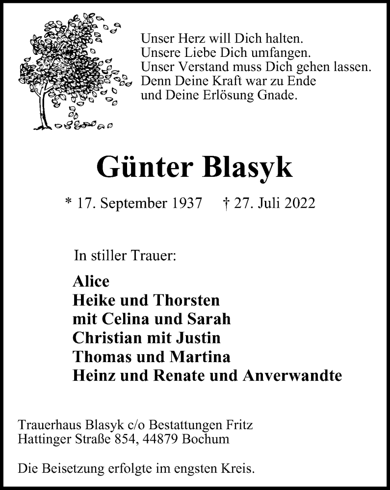  Traueranzeige für Günter Blasyk vom 06.08.2022 aus WVW/ORA