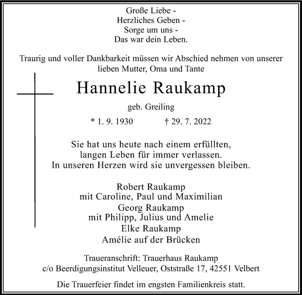  Traueranzeige für Hannelie Raukamp vom 06.08.2022 aus WVW/ORA