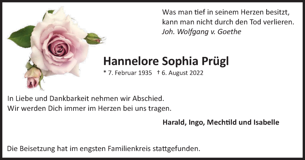  Traueranzeige für Hannelore Sophia Prügl vom 13.08.2022 aus WVW/ORA