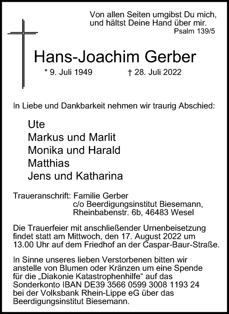  Traueranzeige für Hans-Joachim Gerber vom 06.08.2022 aus WVW/ORA
