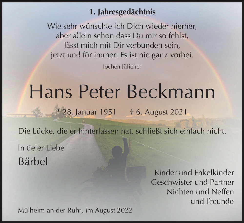  Traueranzeige für Hans Peter Beckmann vom 06.08.2022 aus WVW/ORA
