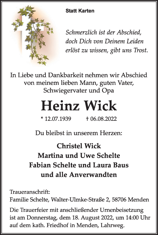  Traueranzeige für Heinz Wick vom 13.08.2022 aus WVW/ORA