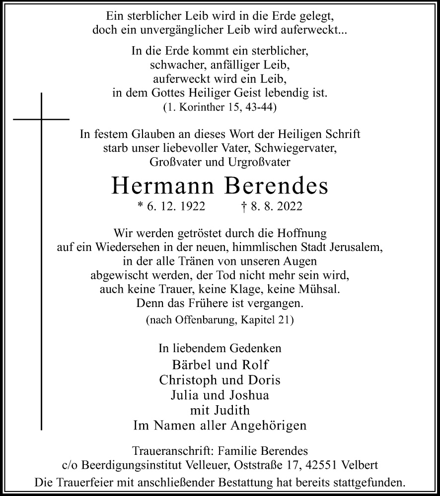  Traueranzeige für Hermann Berendes vom 13.08.2022 aus WVW/ORA